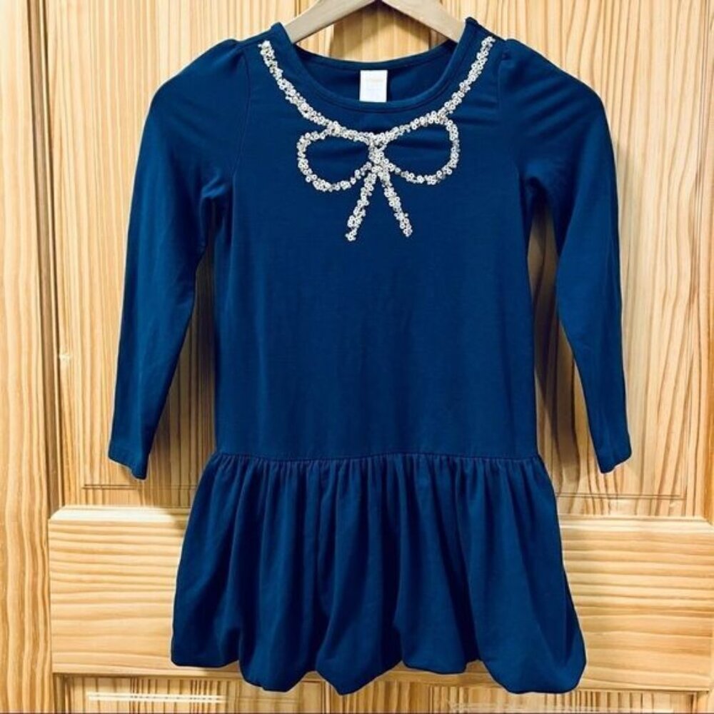 Gymboree navy blue sparkly sequin bow neck detail bubble skirt casual knit dress